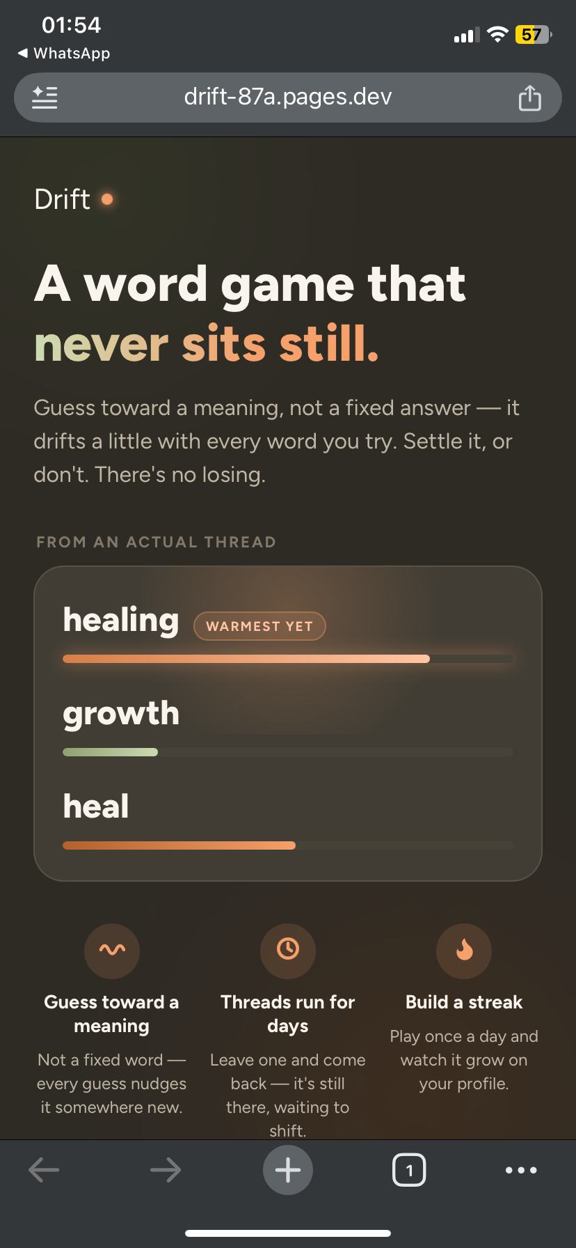 Drift landing screen — “A word game that never sits still” — with a live thread showing glowing closeness bars for the words healing, growth and heal.