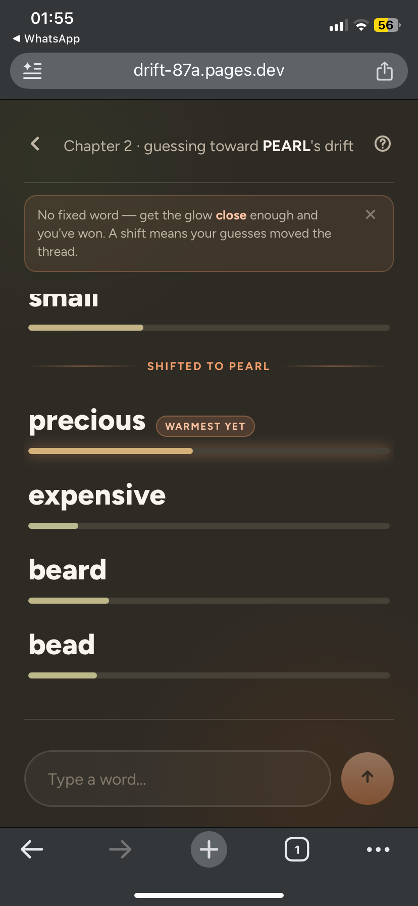 Guessing toward a thread in Drift — the words precious, expensive, beard and bead each show a glow bar for how close they land, with a word input at the bottom.