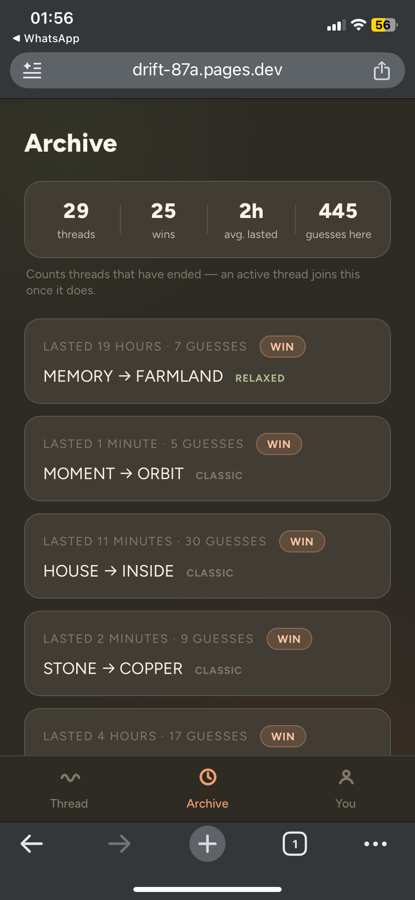 Drift archive screen showing player stats — 29 threads, 25 wins — and a history of completed threads.