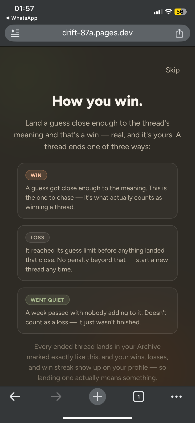 Drift’s “How you win” explainer — a thread ends one of three ways: Win, Loss, or Went Quiet.